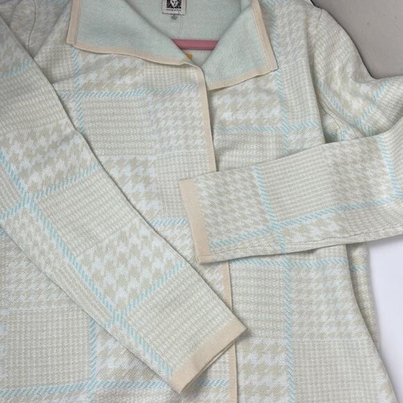 Anne Klein sz Small Ivory Blue Houndstooth Plaid Open Cardigan NWT coastal - Picture 1 of 11